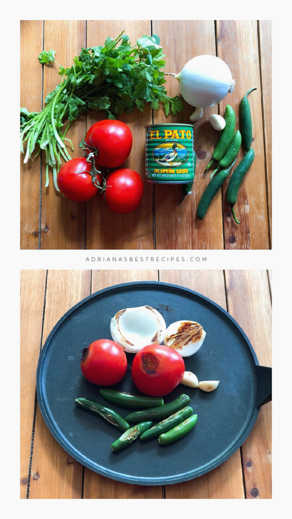 Los ingredientes incluyen tomates, chiles serranos, ajo, puré de tomate y cilantro