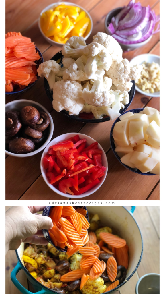 Few of the ingredients that this meatless korma dish includes are bell peppers, fresh ginger, grilled mushrooms, potatoes, and cauliflower 