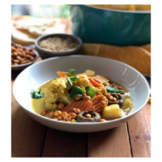 Meet our version for Vegetable Korma, a vegetarian cuisine favorite from India. It has cauliflower, potatoes, carrots, ginger, mushrooms, coconut milk, curry, and almond butter