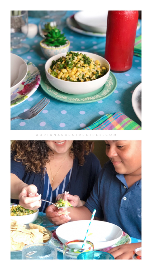 The sweet corn salsa served with chips and being enjoyed by our guests as an appetizer