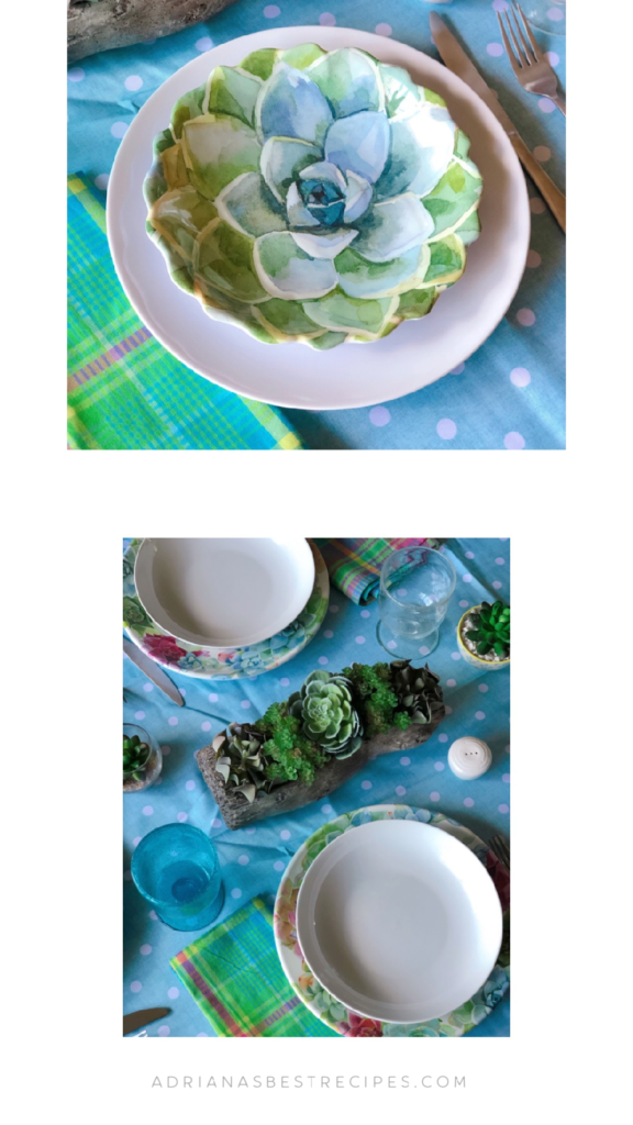 We chose a succulent garden theme with blues, green, and white tones.