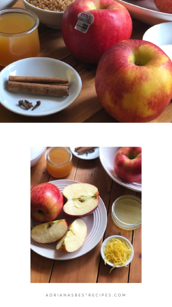 These are the ingredients for making the apple preserves. Included in the list are butter, sugar, cinnamon and cloves, apple cider, and pectin