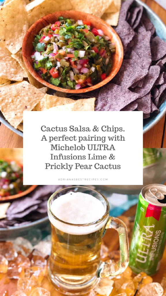 Refreshing beer pairing with cactus salsa and chips
