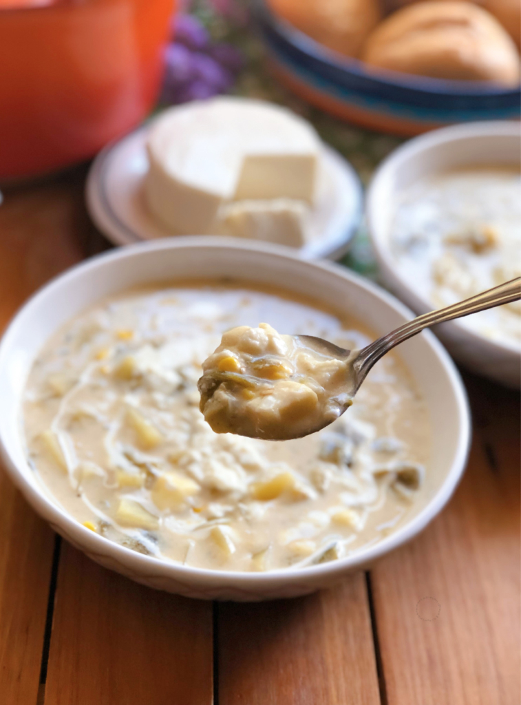 Grab a spoon and enjoy this milky comforting soup with cheese and crema