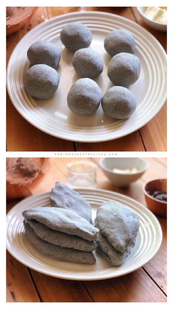 The masa is formed into small balls and then into a diamond form to create the tlacoyo