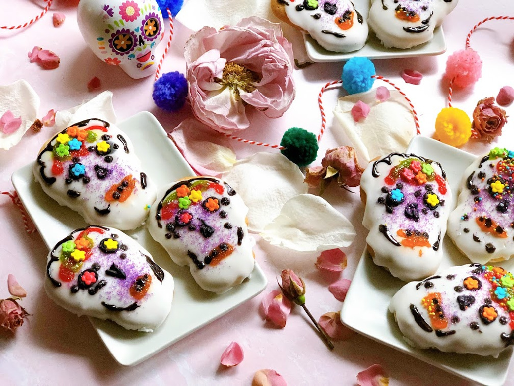 sugar skull cookies with colorful motifs