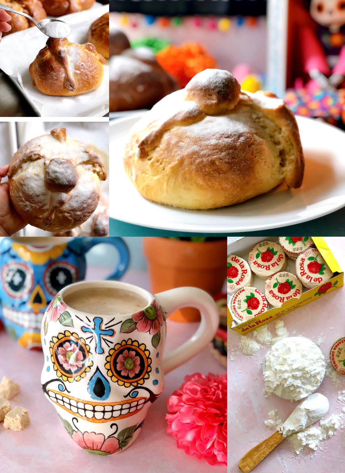 collage with pan de muerto and atole