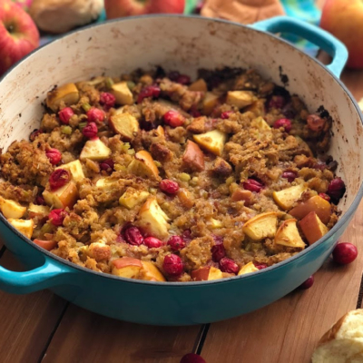 This is the Apple Cranberry Stuffing with Hawaiian Bread served family style