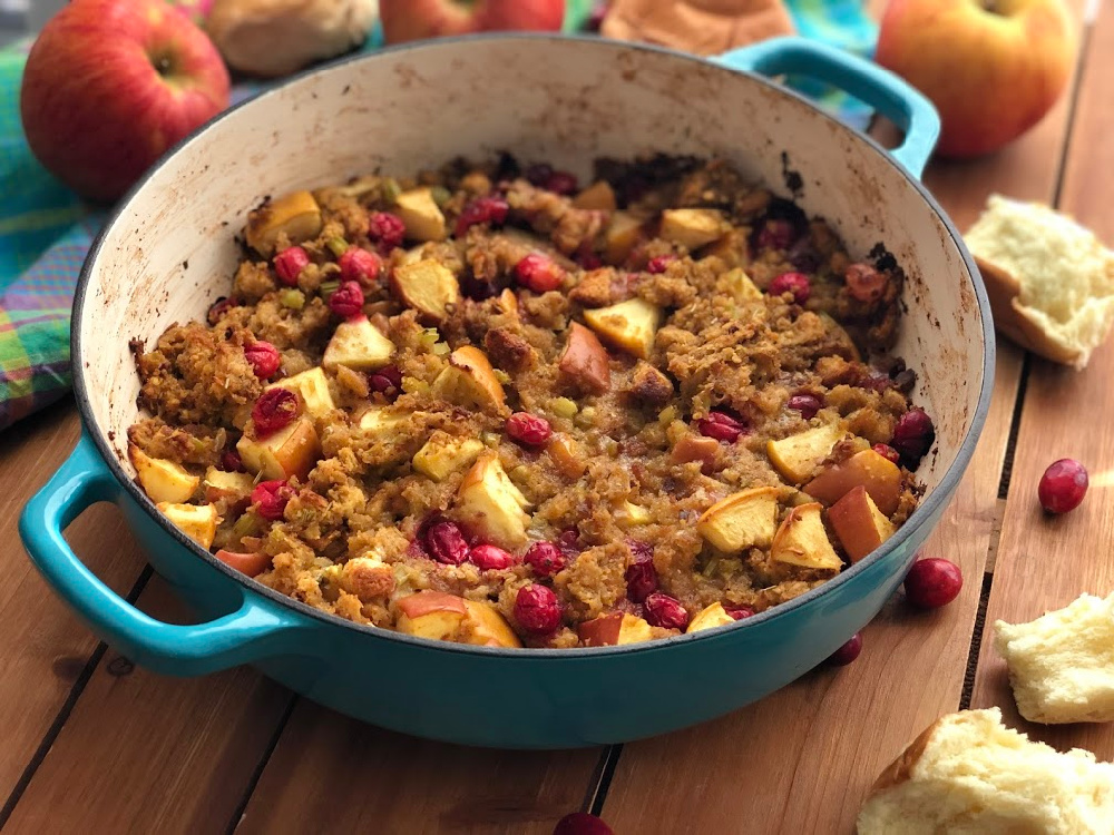 This is the Apple Cranberry Stuffing with Hawaiian Bread served family style
