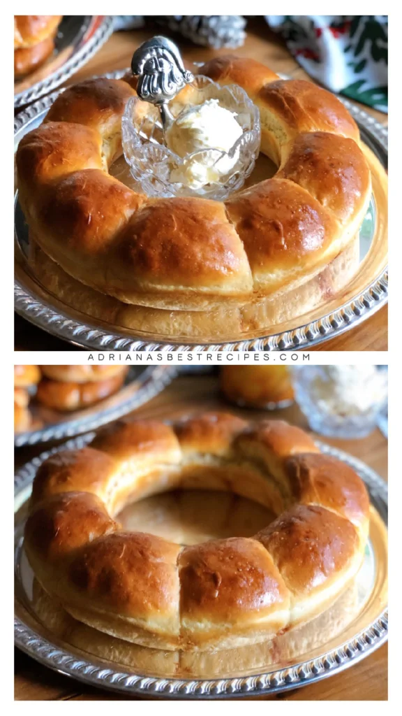 Serving the dinner rolls with a side of whipped butter on a silver plate. The rolls are made with McCalls Farms canned products.