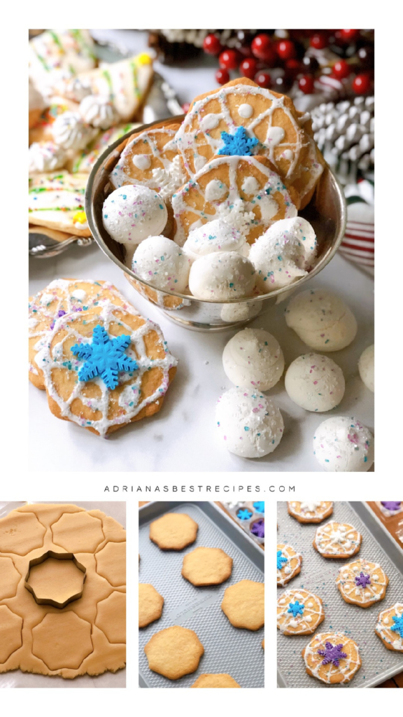 Step by step for making the flurry cookies with sugar flurries and snowflakes. Plus royal icing and metallic sugar.