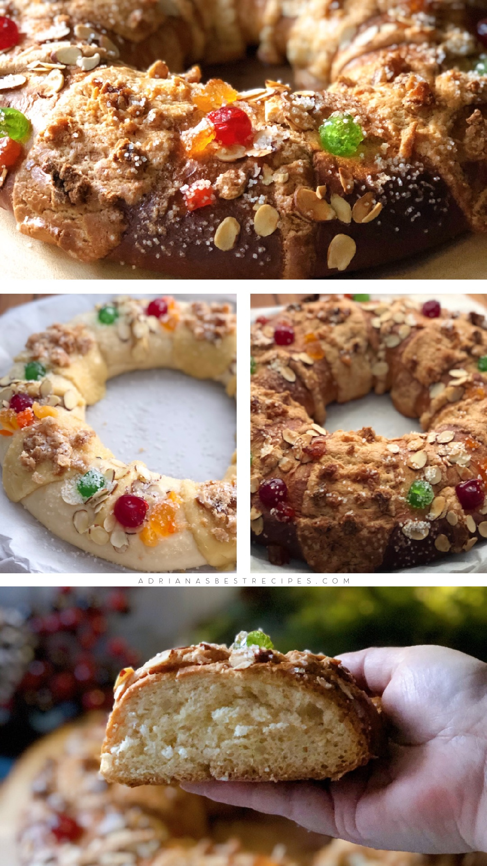 Baking the bread wreath in the oven for thirty minutes. The result is a tender sweet bread with candied fruits on top.