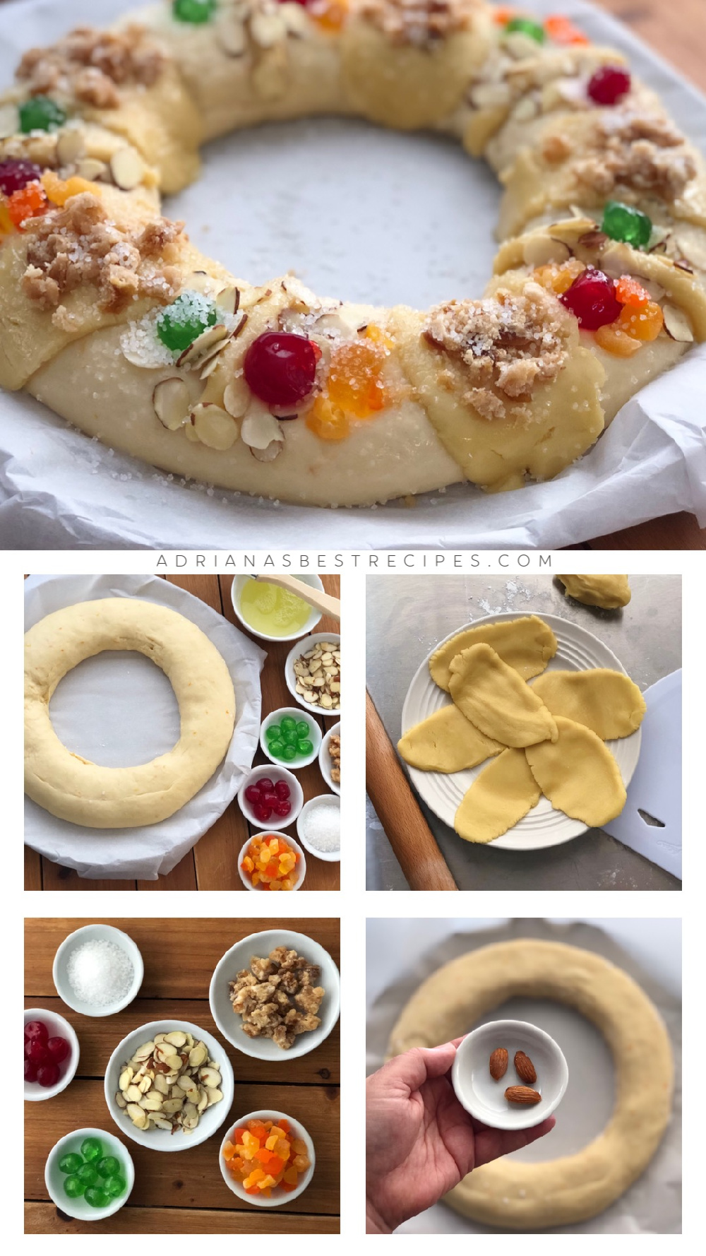 Decorando la corona de pan con frutas confitadas, coberturas y almendras.