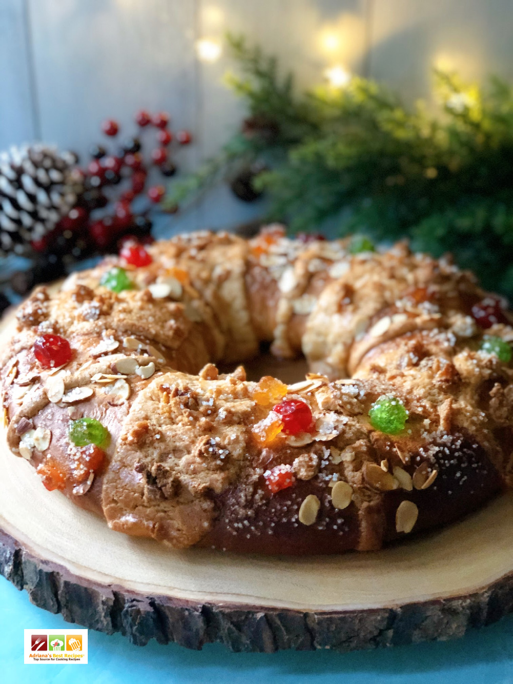 Three Kings Bread for celebrating the Epiphany. It has candied fruits and almonds. 