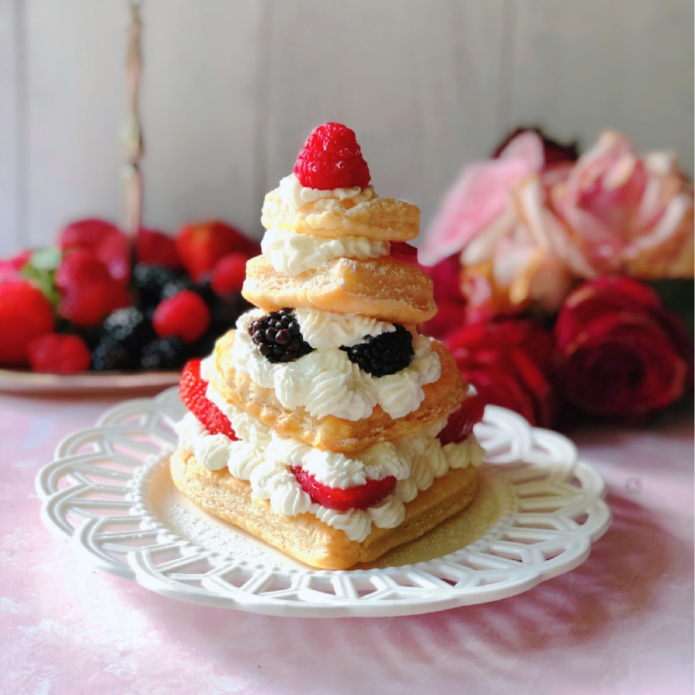 Let's eat a Mixed Berries Mille-Feuille made with layers of puff pastry, berries and with whipped cream