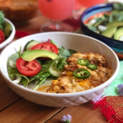 This is the Mexican Inspired Shepherds Pie served with an avocado salad