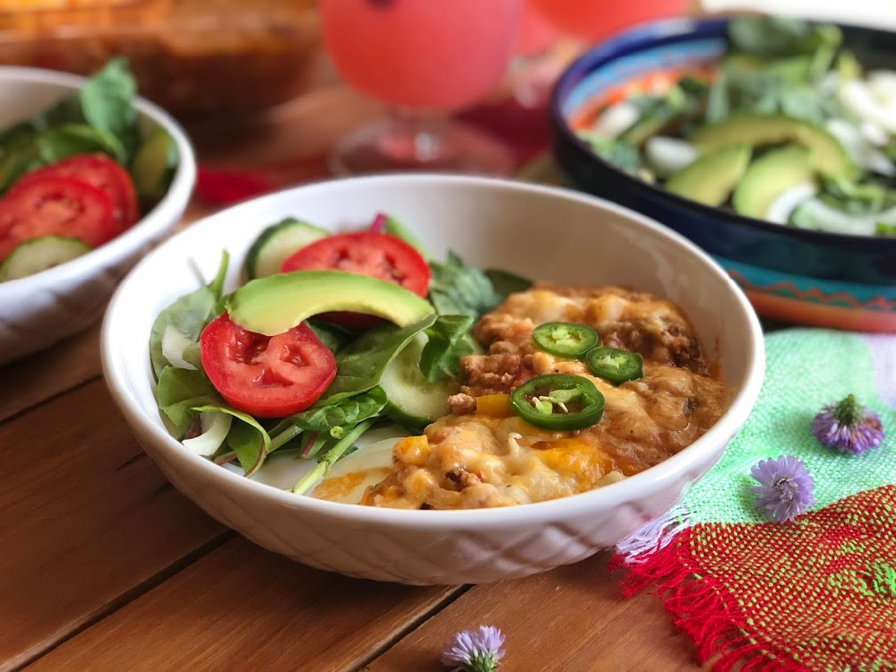 This is the Mexican Inspired Shepherds Pie served with an avocado salad