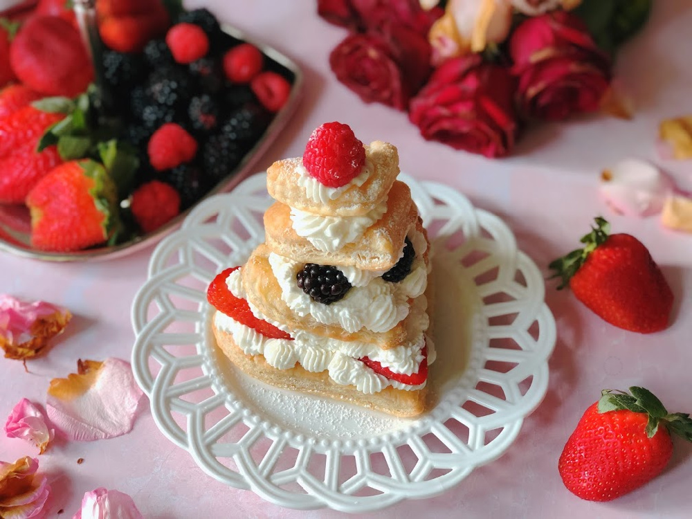 Mixed Berries Mille-Feuille or Napoleon served on a white plate