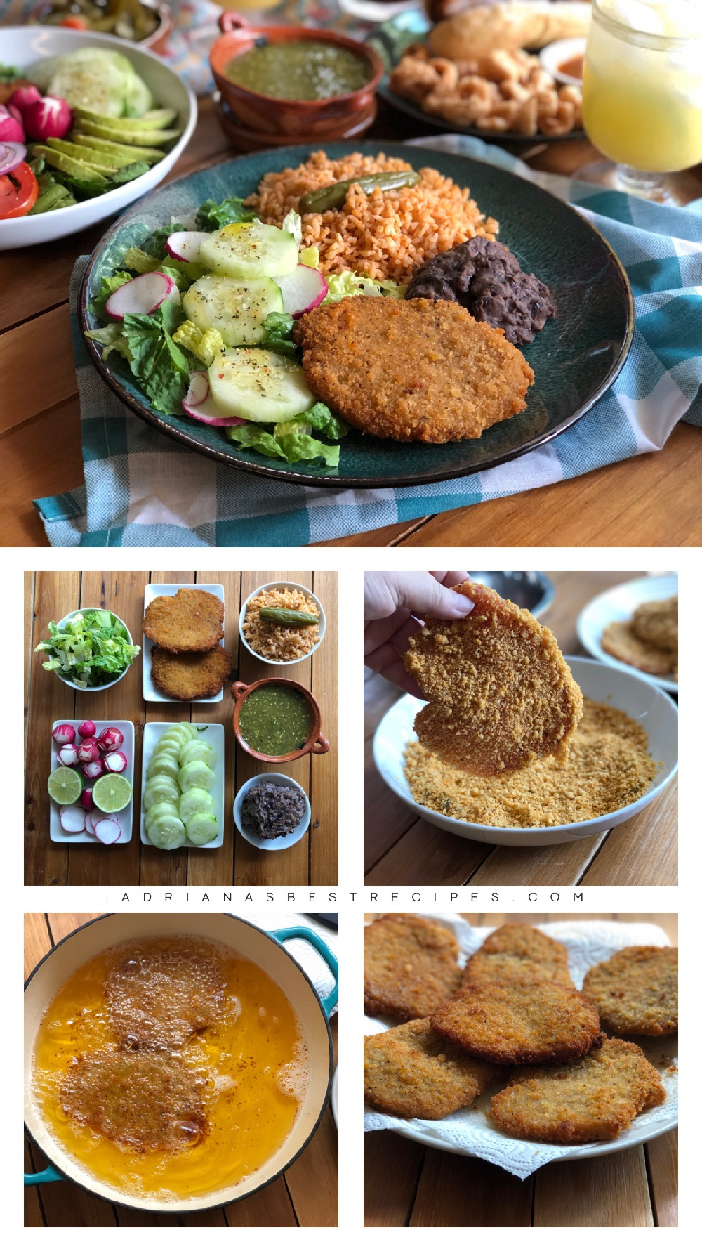 El platillo de milanesa de cerdo se sirve con una ensalada verde, arroz mexicano y una guarnición de frijoles negros refritos. Además de salsa de tomatillo y tortillas para acompañar. 