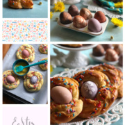 A collage with easter eggs and bread