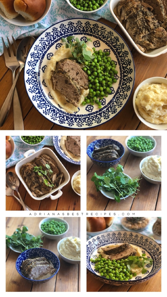 Complete instant pot pork tenderloin meal with two sides. Mashed potatoes, tender pea shoots, and petite green peas with butter. 