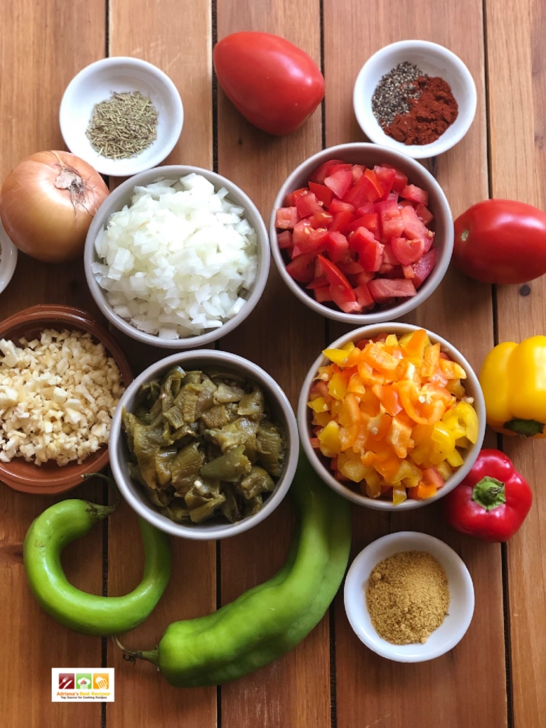 Ingredients for the Mexican inspired shepherds pie include fresh produce, peppers, onion, garlic, turkey, and spices