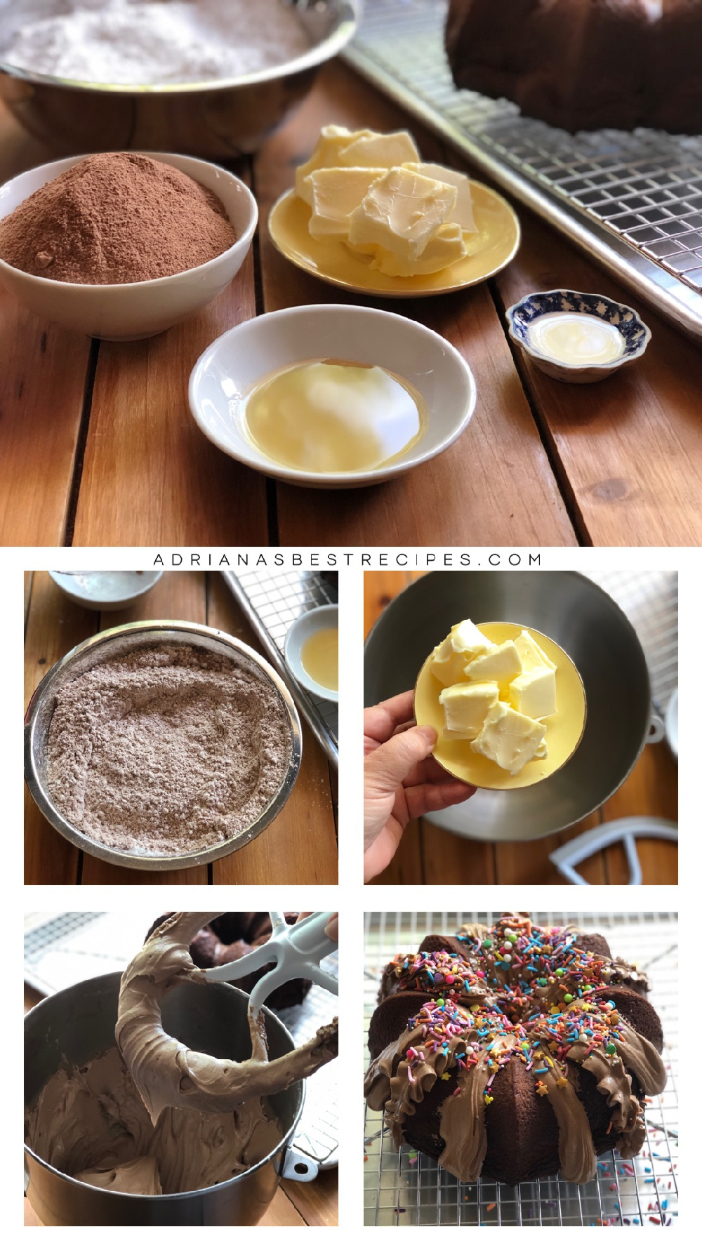 Haciendo el betún de chocolate con mantequilla, azúcar glas, chocolate en polvo, extracto de vainilla y licor de almendras