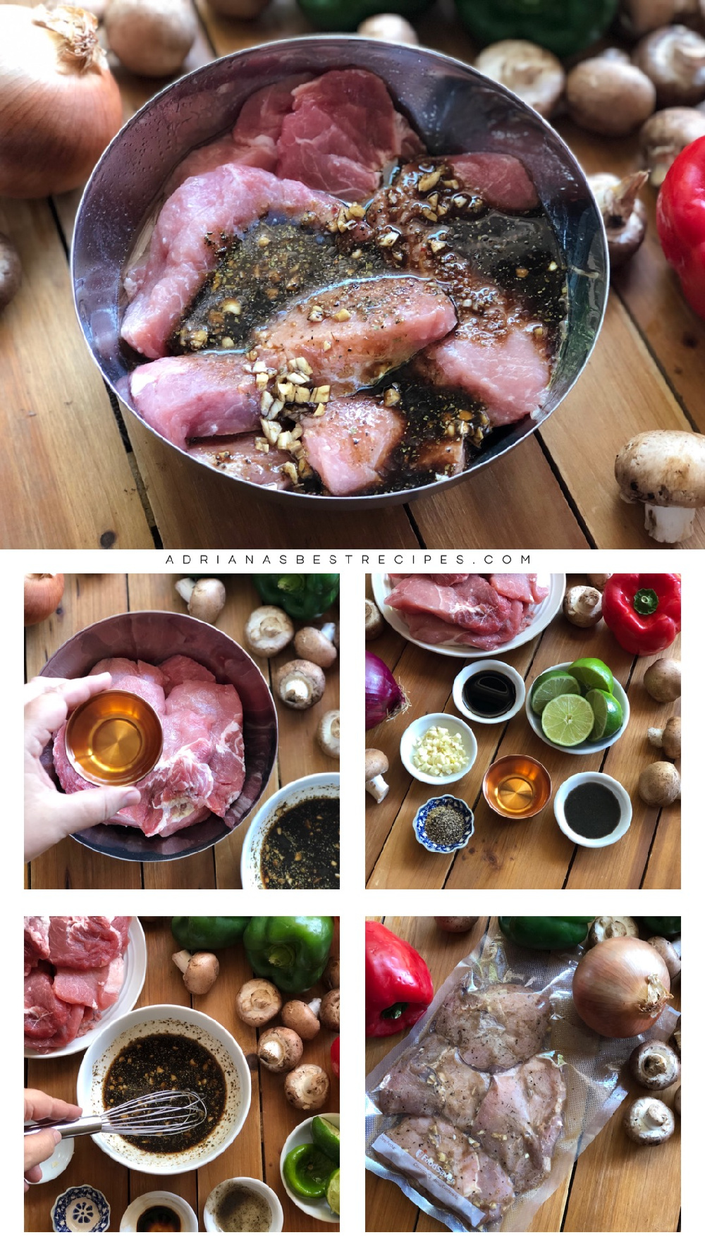 Este es el proceso paso a paso sobre cómo preparar las fajitas de cerdo y la marinada.