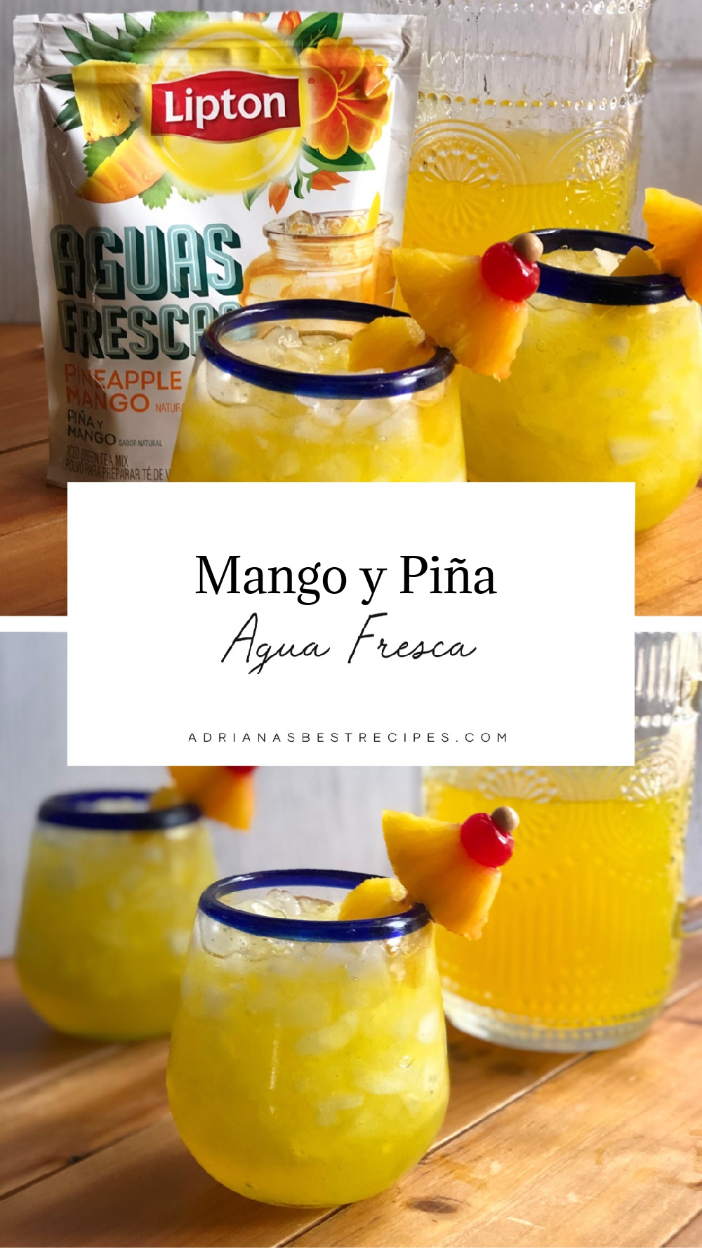 Agua fresca de mango y piña servida con cerezas y trocitos de piña fresca