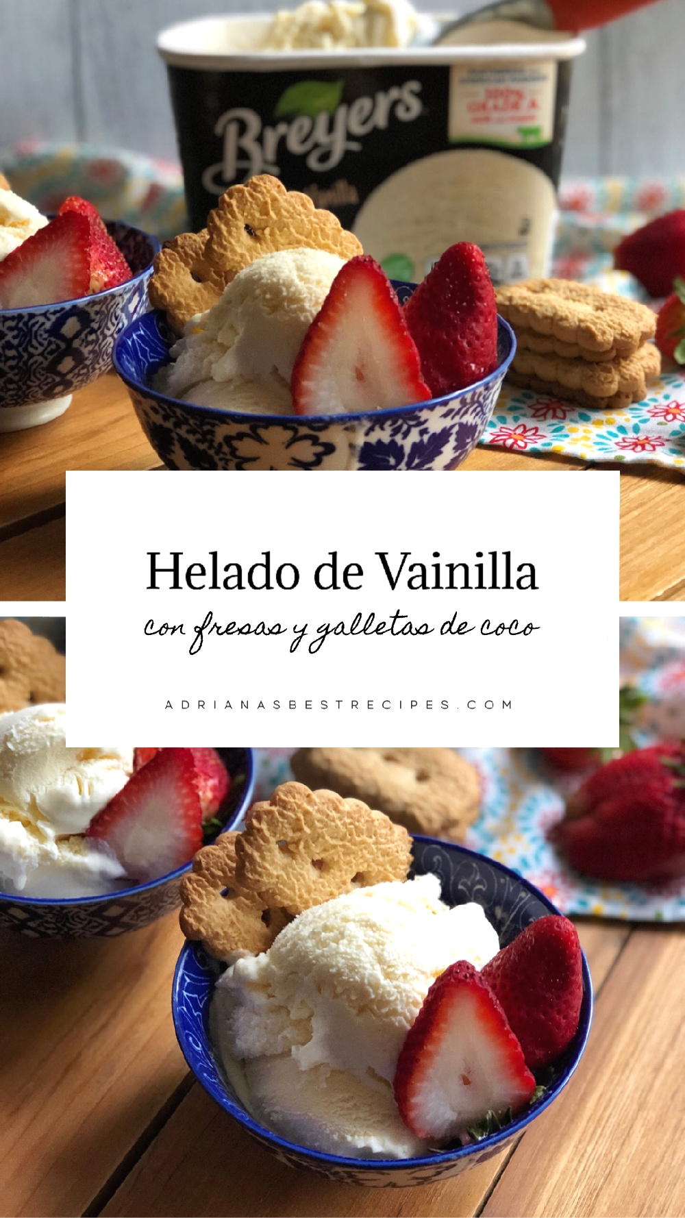 Copita de helado de vainilla con fresas y galletas de coco