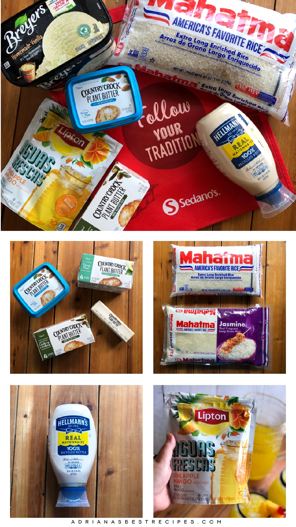 Estos son algunos de los productos participantes en la promoción del Festival of Savings de Sedano's. La promoción incluye Mahatma Rice, Hellmans Real Mayonnaise, productos a base de plantas Country Crock, Lipton aguas frescas y Breyer's ice cream.