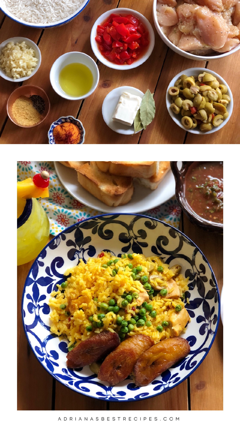 Prepara esta deliciosa receta de arroz amarillo con pollo. Es una receta sencilla que incluye trozos de pollo fresco, pimientos piquillo, ajo, aceitunas, azafrán, mantequilla de aceite de oliva, hojas de laurel, caldo de pollo y arroz de grano largo.