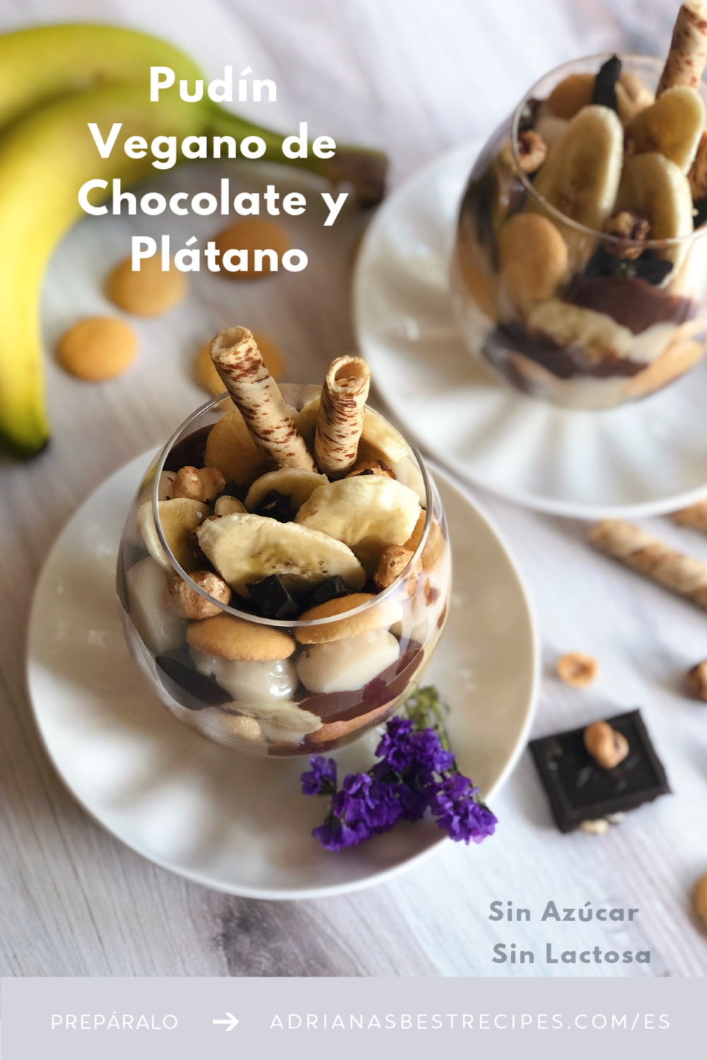 Pudín Vegano de Chocolate y Plátano con galletitas, avellanas tostadas y chocolate negro. Un postres sencillo, sin azúcar y sin lactosa.