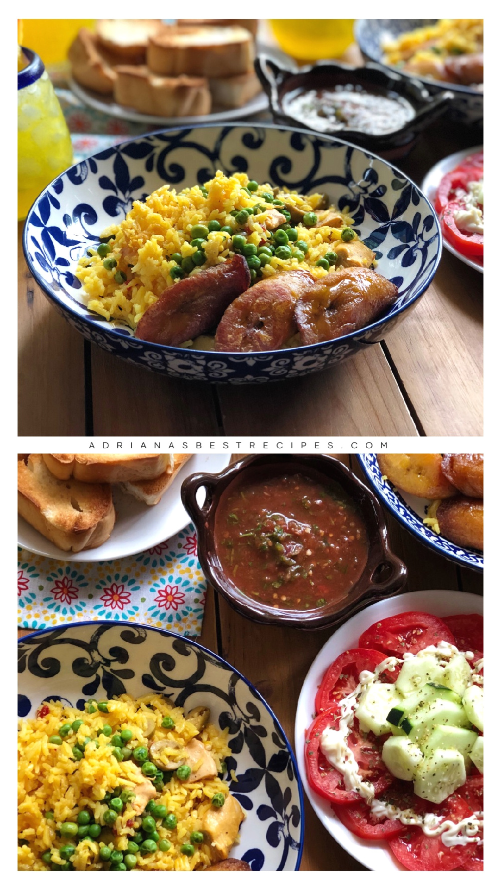 Serving the yellow rice chicken with plantains and a salad