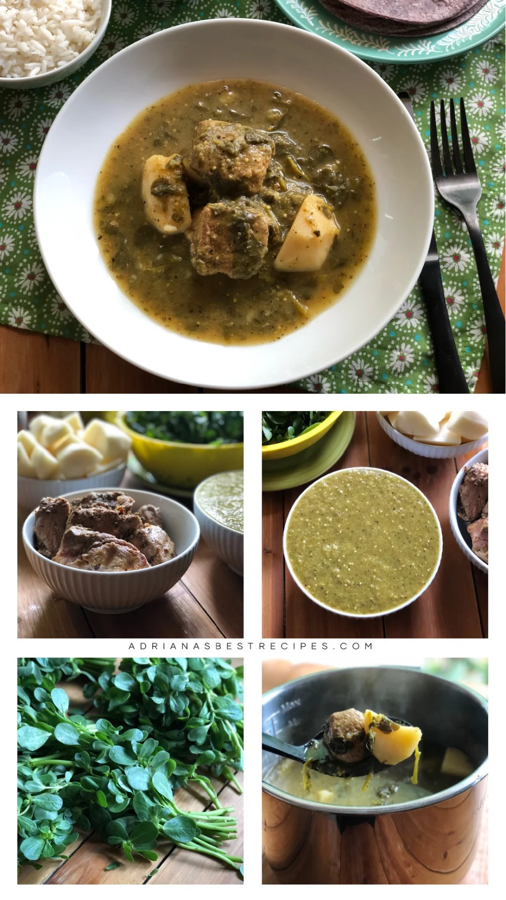 mostrando un collage con el proceso paso a paso de cómo cocinar el guisado de cerdo