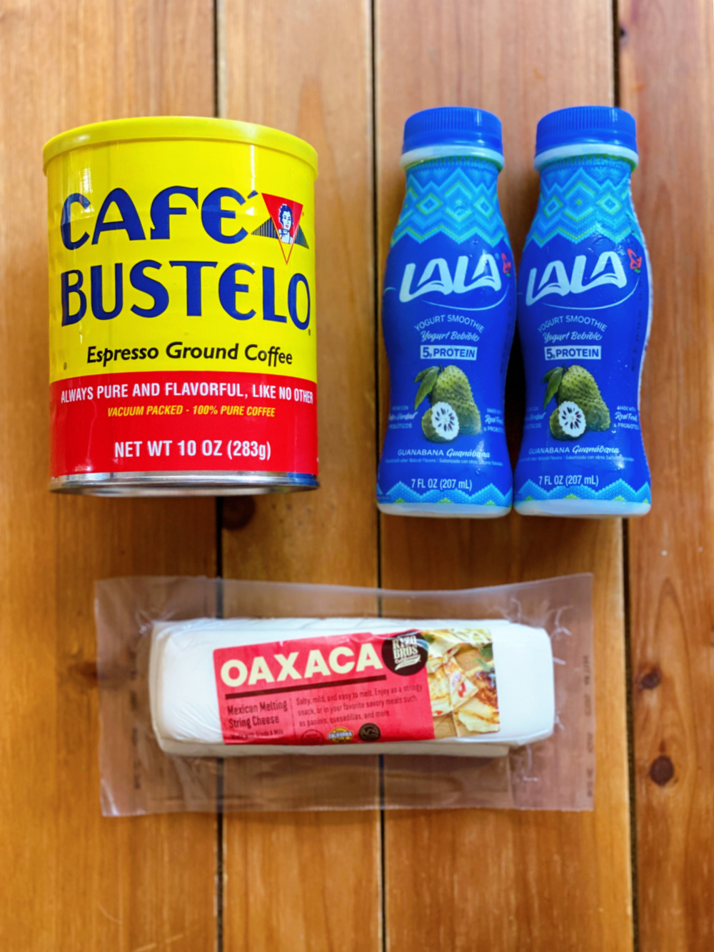 This is the Cafe Bustelo, the LALA yogurt smoothie, and the Oaxaca cheese from Rizo Bros