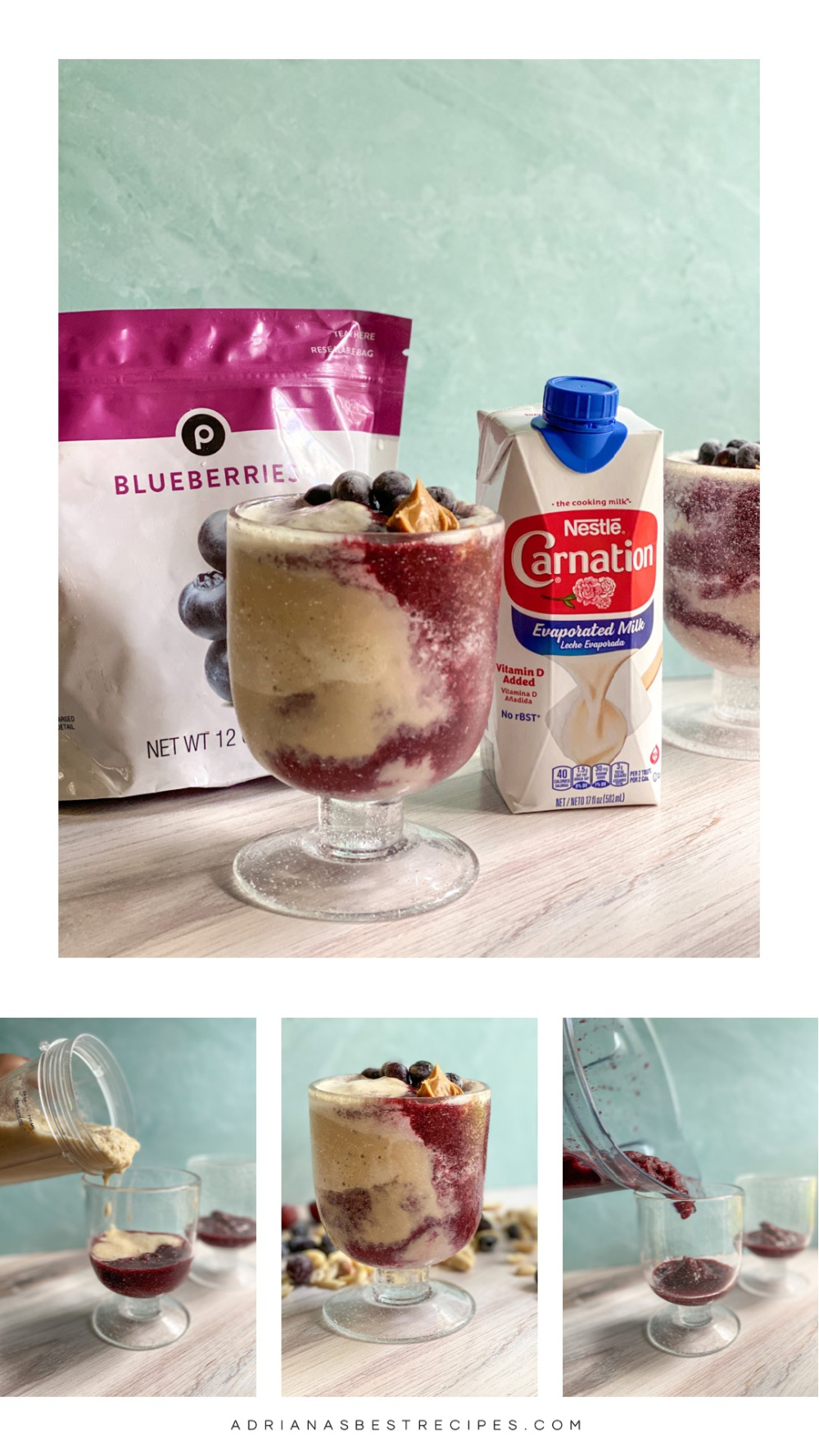 a collage showing a glass served with a bicolor smoothie