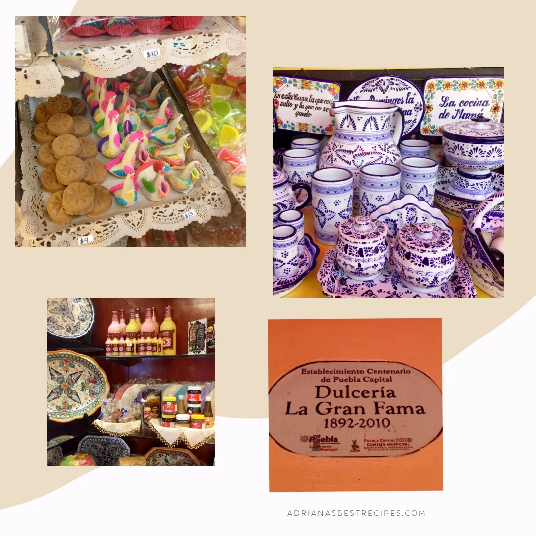 a collage of images showing handmade candy and talavera pottery