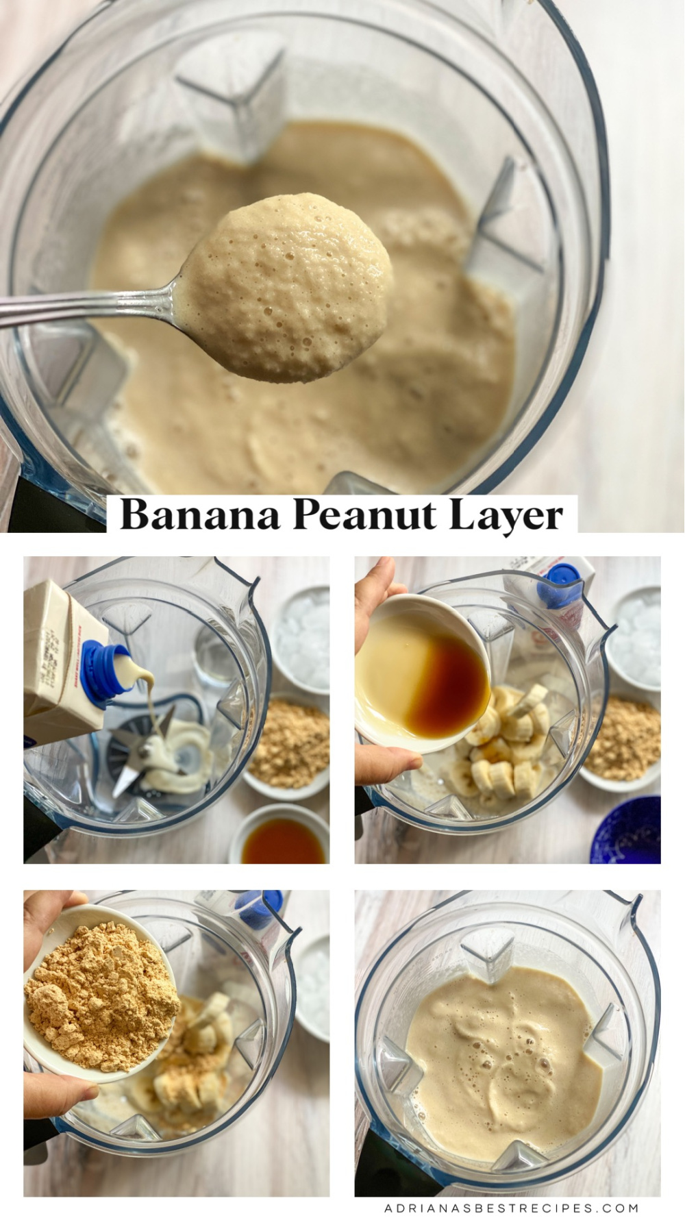 A collage with pictures showing the process on how to make the banana peanut layer for the smoothie