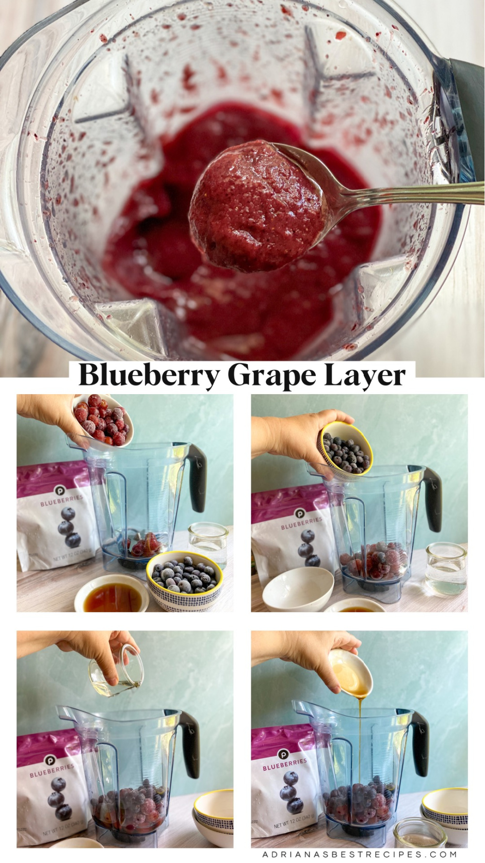 A collage with pictures showing the process on how to make the blueberry grape layer for the smoothie