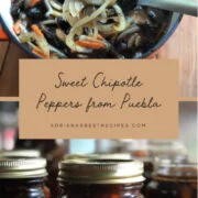 a collage showing a pot full of pickled chipotle peppers and a mason jar