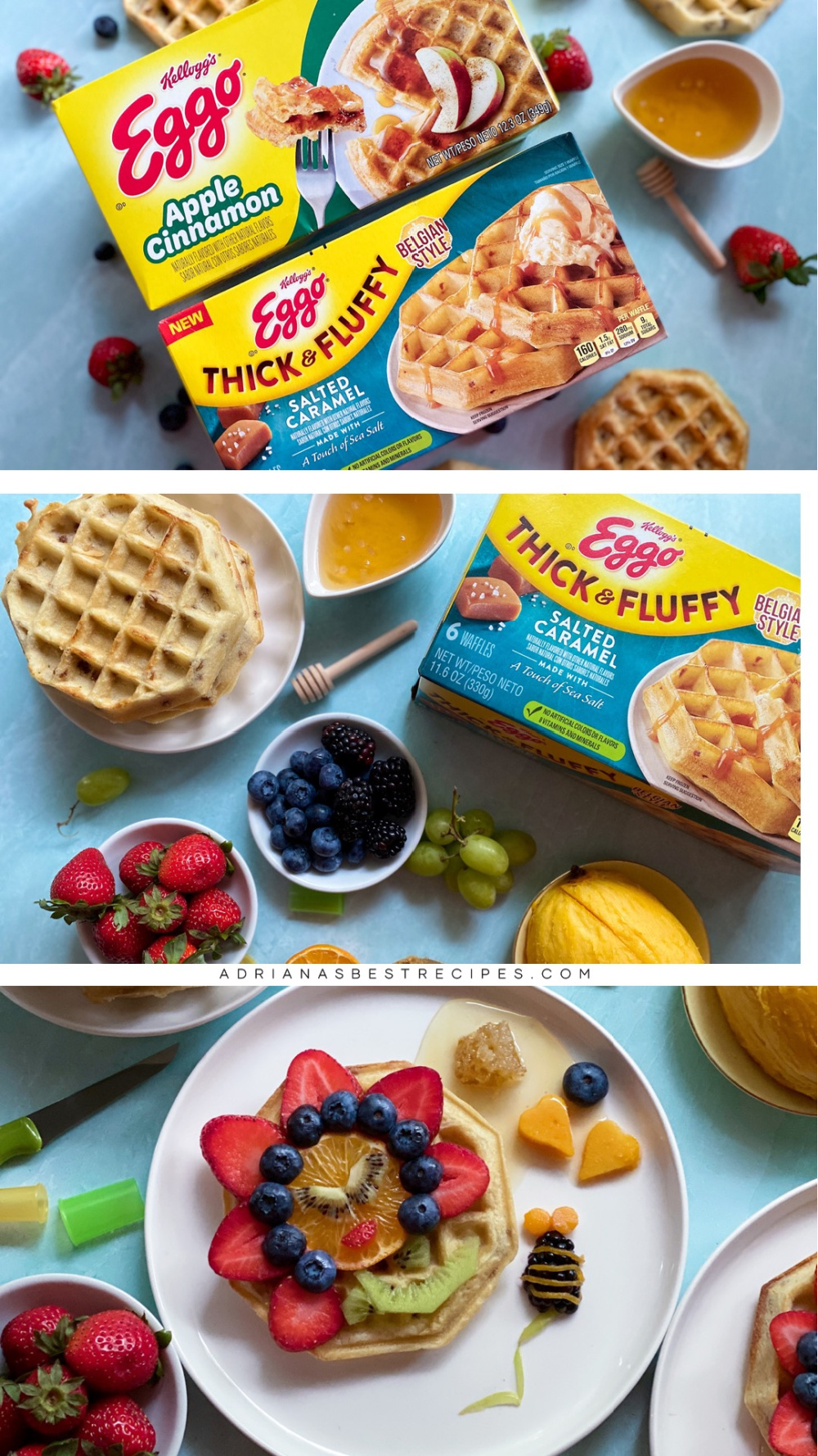 a collage showing ingredients for decorating breakfast waffles
