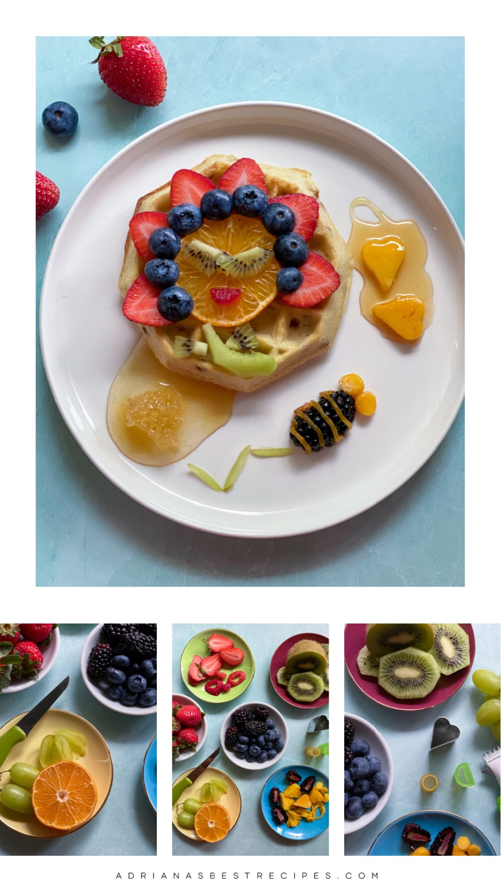 a collage showing the different elements for the decorative breakfast waffles