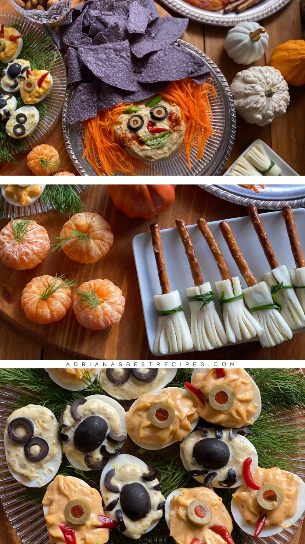 An collage showing appetizers and witch themed food for a Halloween party