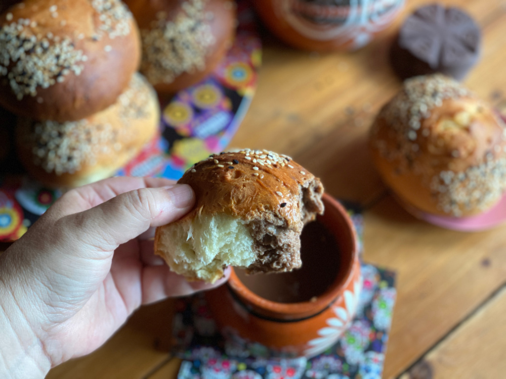 Best way to enjoy the Oaxaca egg yolk bread is with a cup of hot chocolate