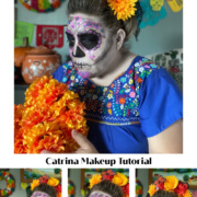 A collage of images showing a woman with La Catrina makeup