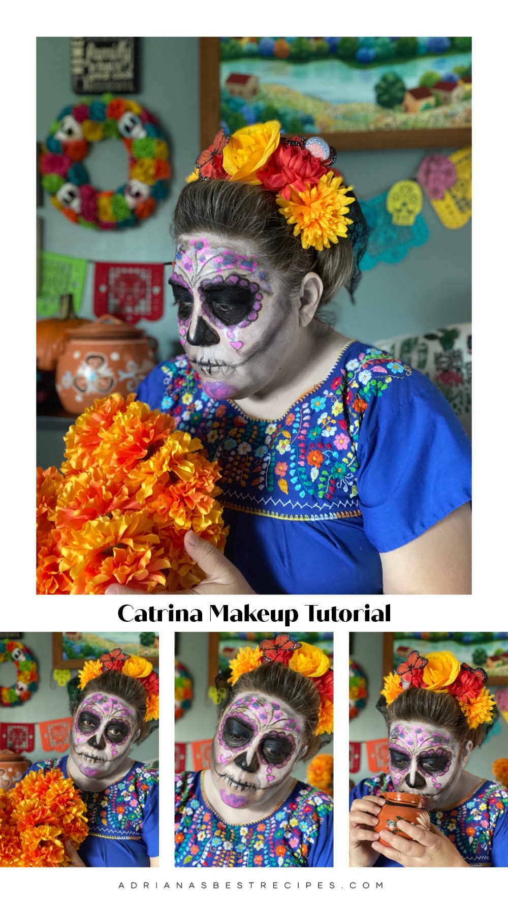 A collage of images showing a woman with La Catrina makeup