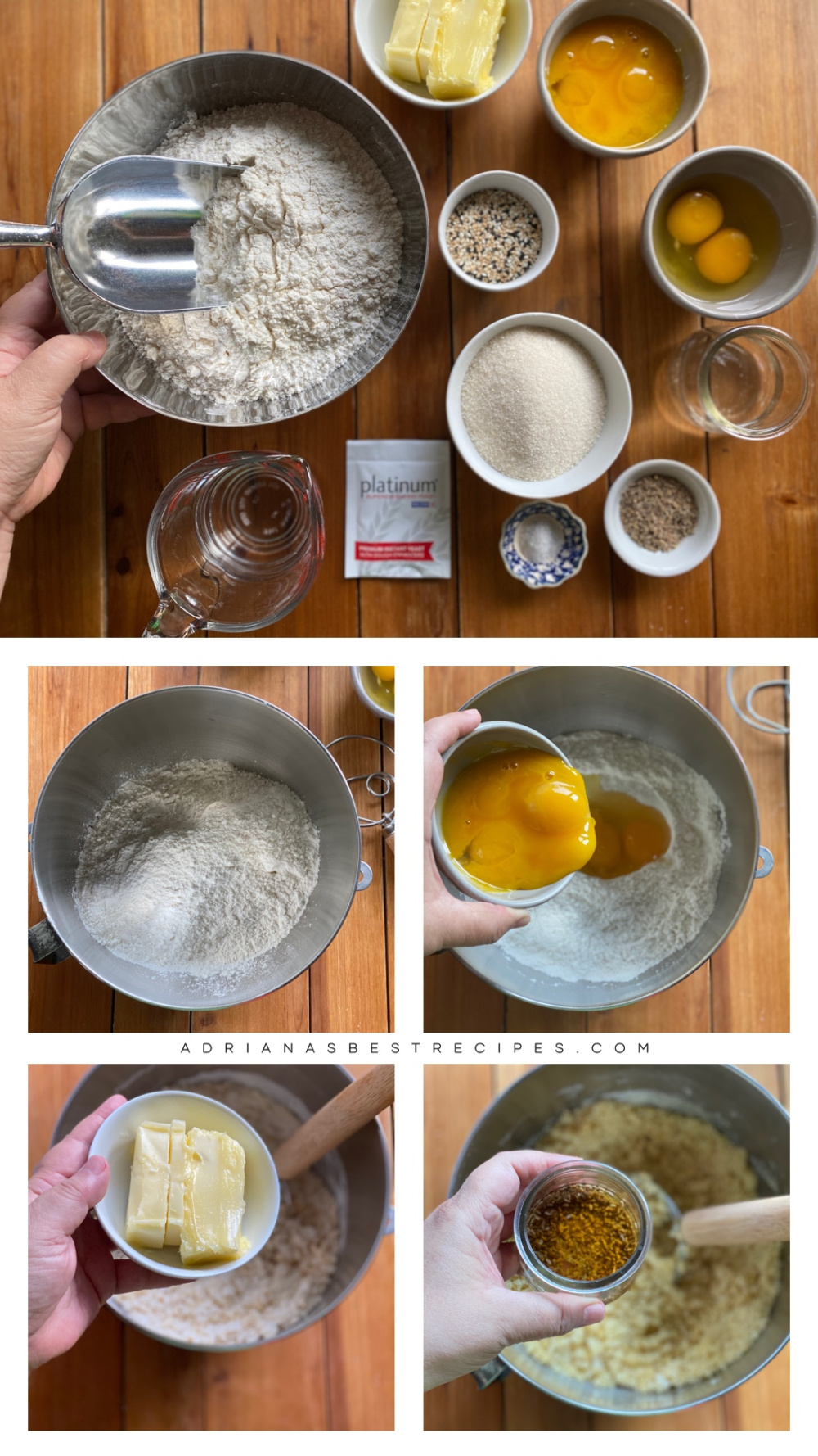 a collage of images showing the step by step process on making the bread dough