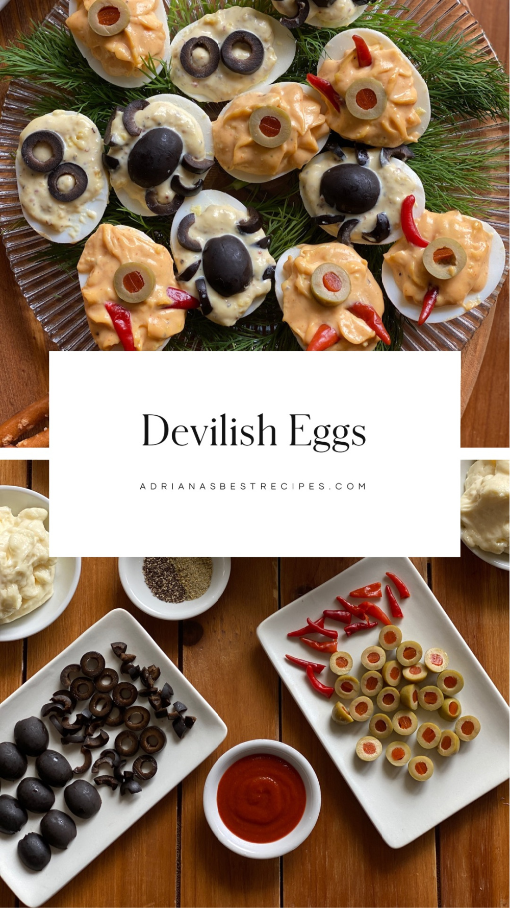 Devilish eggs garnished with olives and peppers