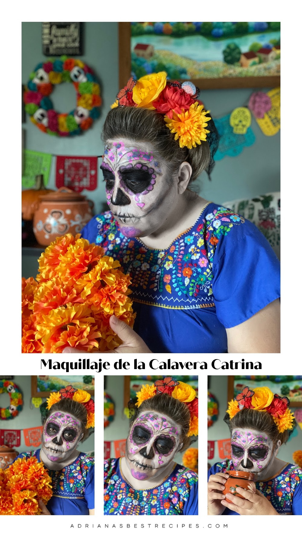 Un collage de imágenes que muestran a una mujer con maquillaje de La Calavera Catrina